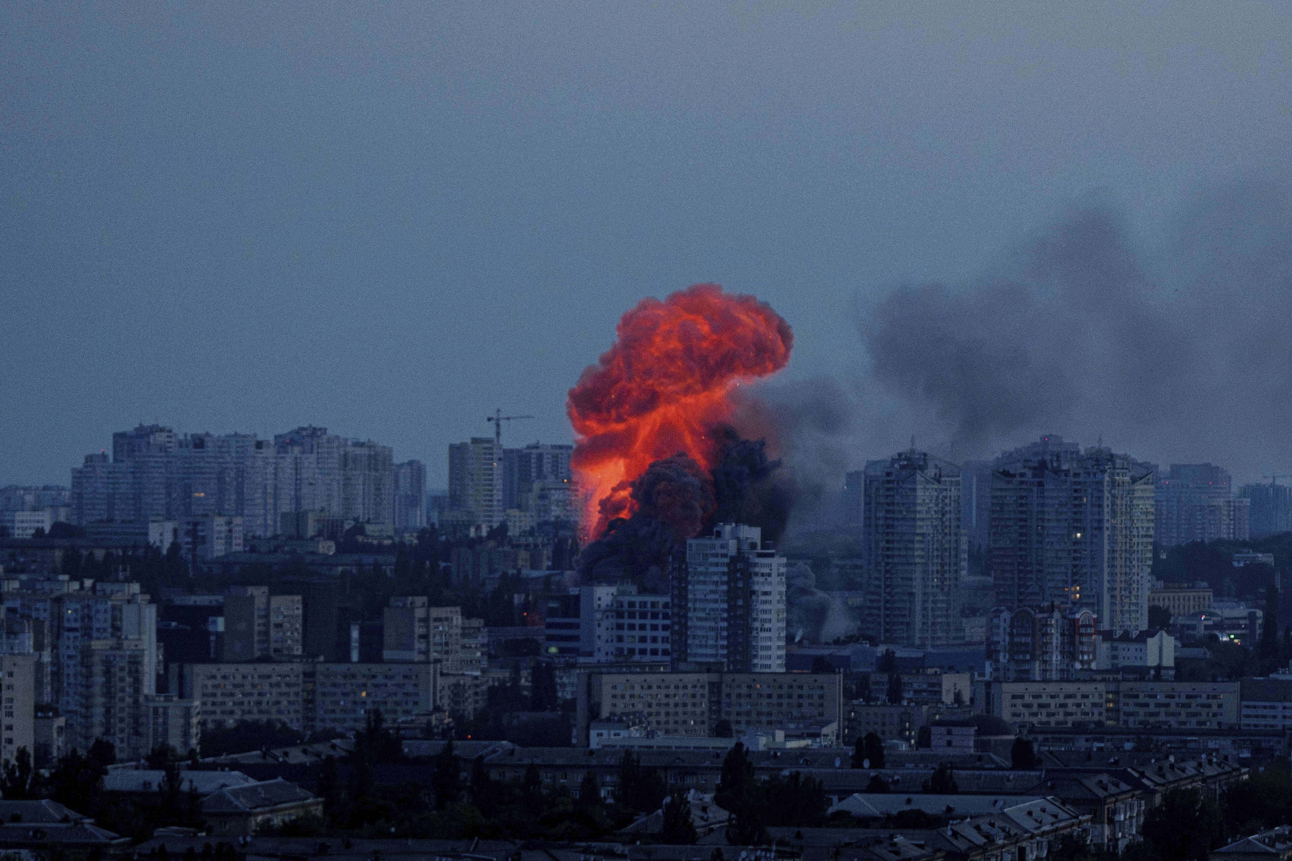 Explosion is seen after Russian air strike on Kyiv, Ukraine, on Friday, June 6, 2025. (AP Photo/Evgeniy Maloletka)