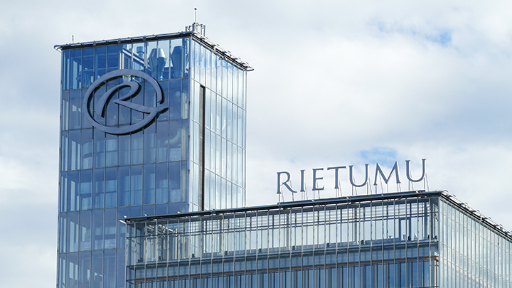 RIGA, LATVIA, July 5, 2018: Rietumu Bank office building with logo.