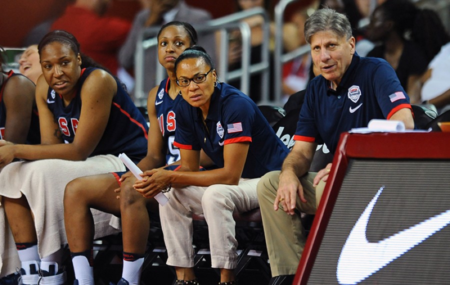 LOS ANGELES, CA - JULY 25: Dawn Staley and Doug Bruno of the USA Women’s Select Team look on during the game against the USA Women's National Team on July 25, 2016 at Galen Center in Los Angeles, California. NOTE TO USER: User expressly acknowledges and agrees that, by downloading and or using this Photograph, user is consenting to the terms and conditions of the Getty Images License Agreement. Mandatory Copyright Notice: Copyright 2016 NBAE (Photo by Juan Ocampo/NBAE via Getty Images)