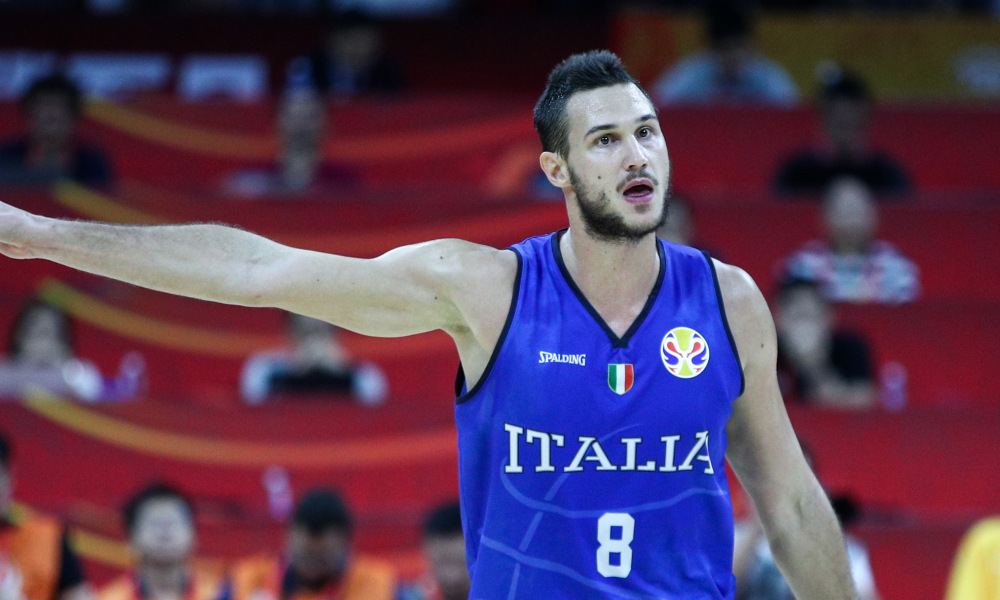 FOSHAN, CHINA - AUGUST 31: #8 Danilo Gallinari of the Italy National Team reacts against the Philippines National Team during the 1st round of 2019 FIBA World Cup at GBA International Sports and Cultural Center on August 31, 2019 in Foshan, China. (Photo by Zhong Zhi/Getty Images)